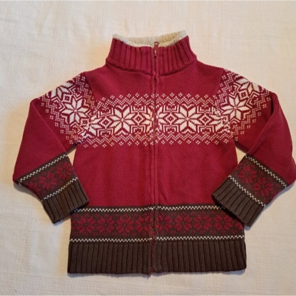 Gymboree boys xs or 3-4Mountain Lodge red and brown zip front sweater VGUC